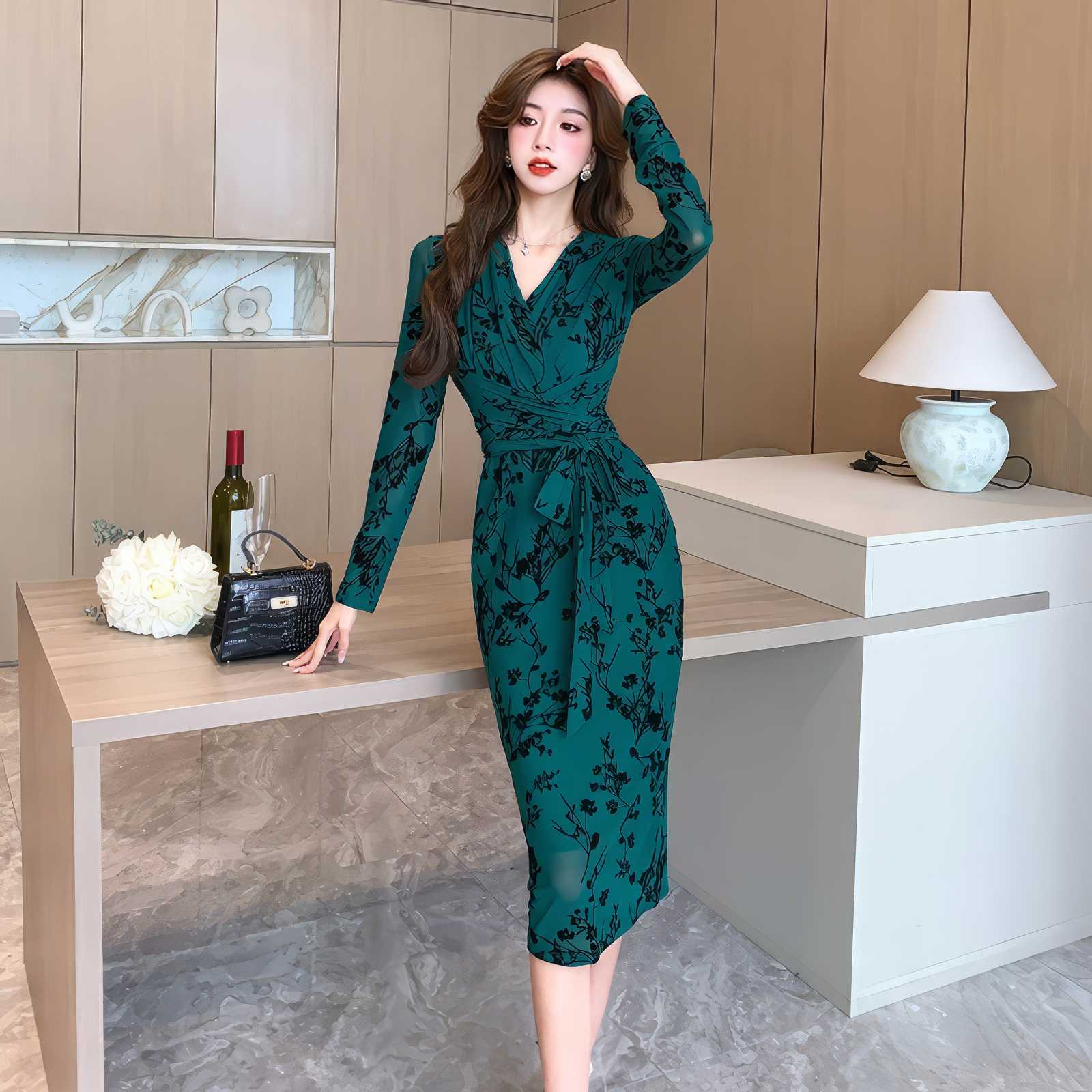 Long Sleeve Floral Printed Wrap Dress