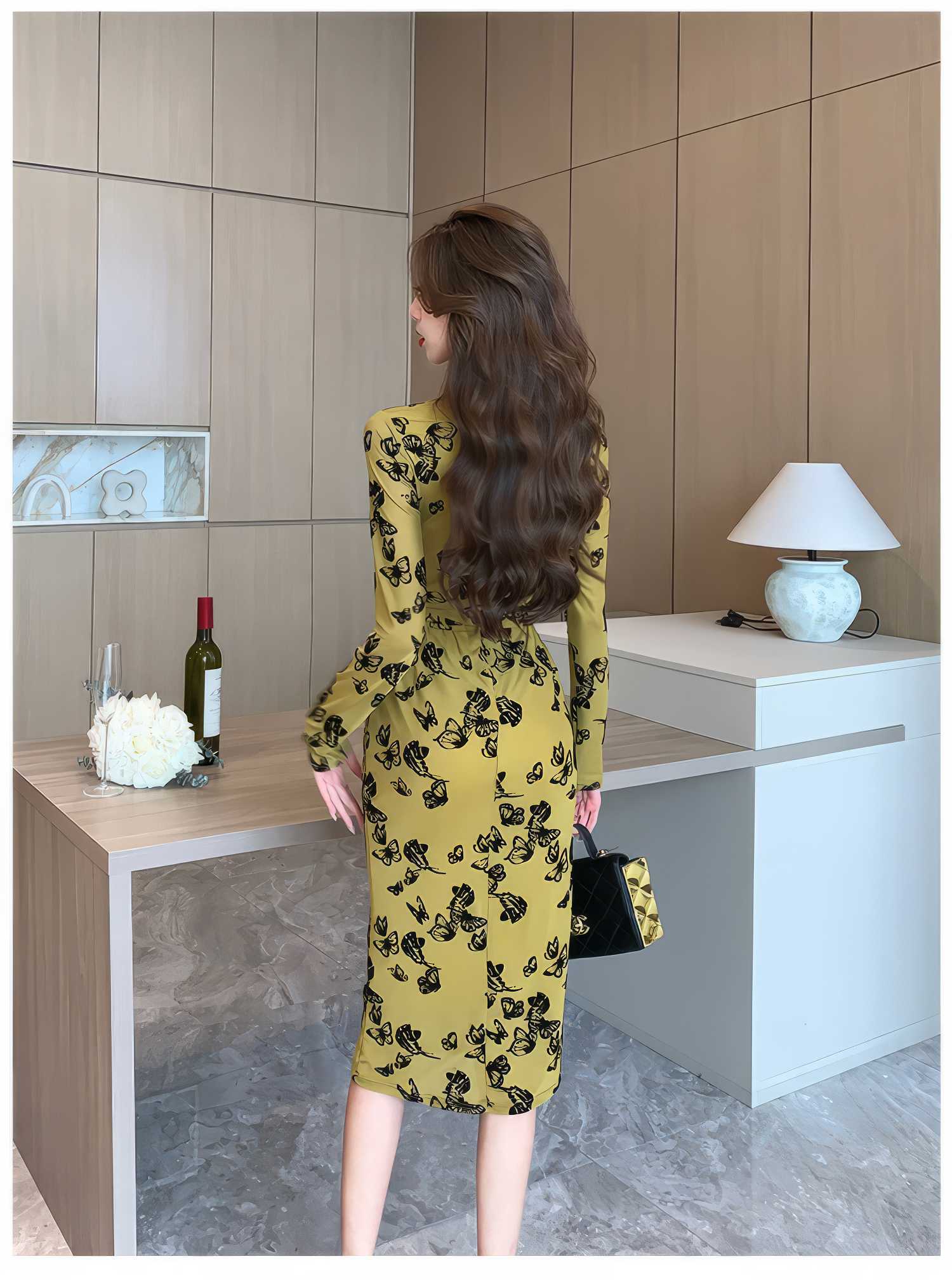 Long Sleeve Floral Printed Wrap Dress