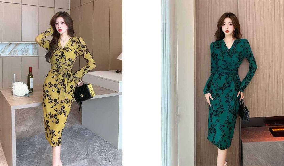 Long Sleeve Floral Printed Wrap Dress