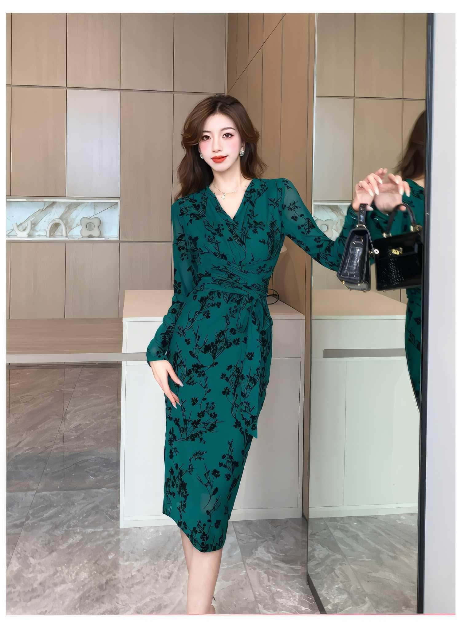 Long Sleeve Floral Printed Wrap Dress