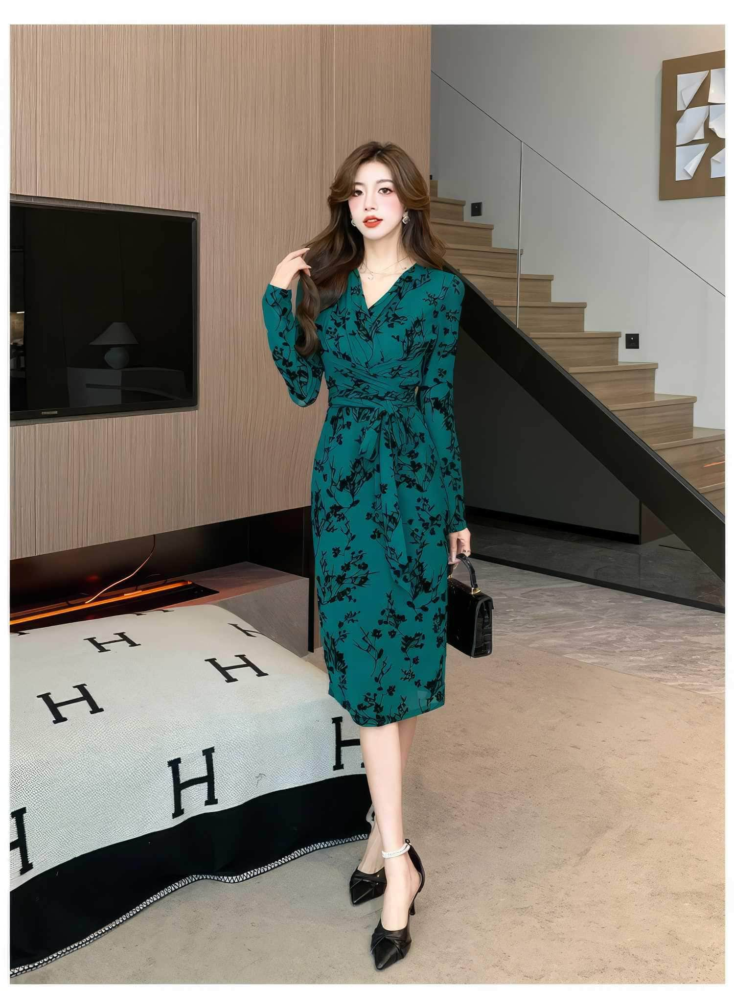 Long Sleeve Floral Printed Wrap Dress