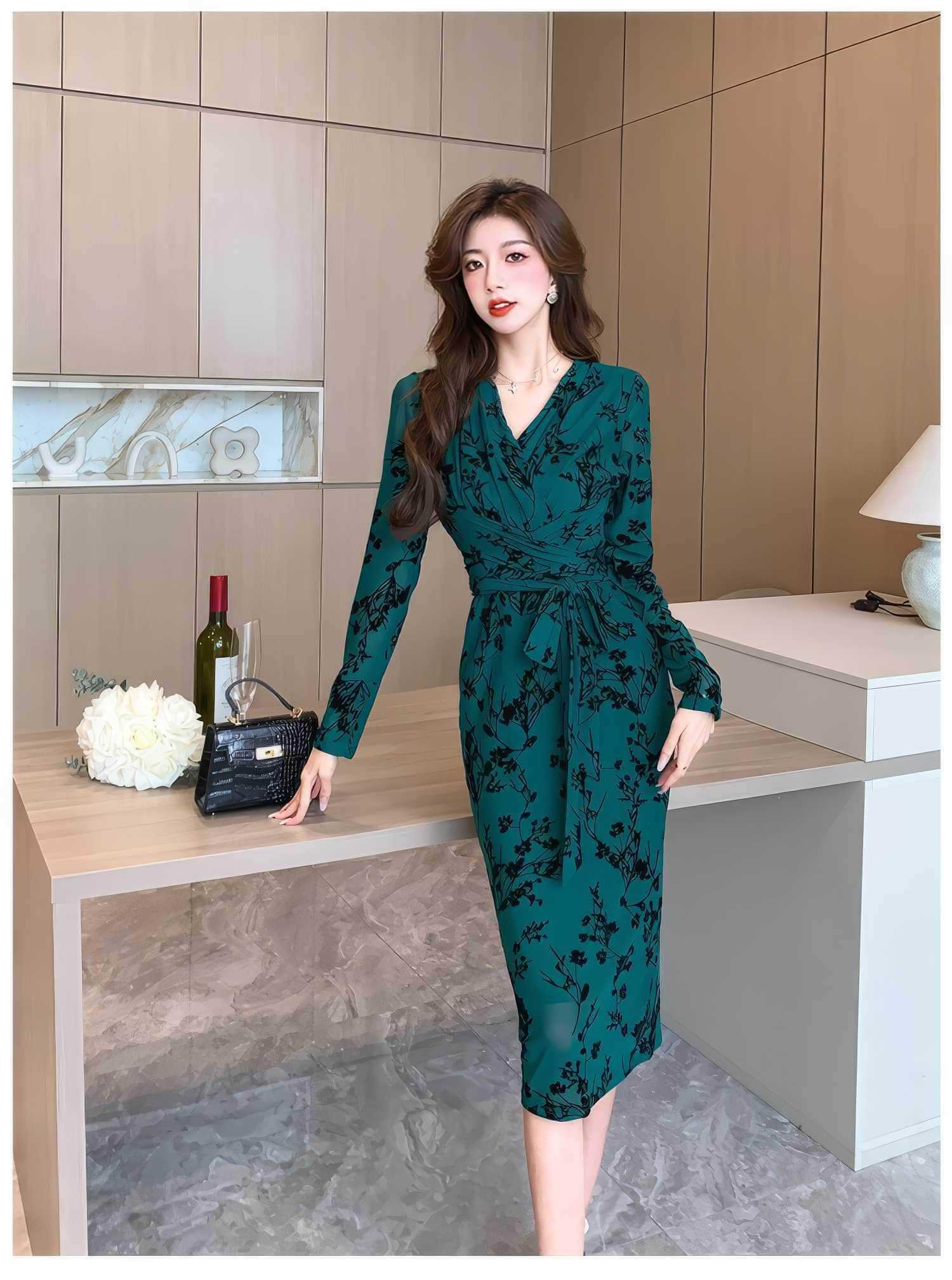 Long Sleeve Floral Printed Wrap Dress