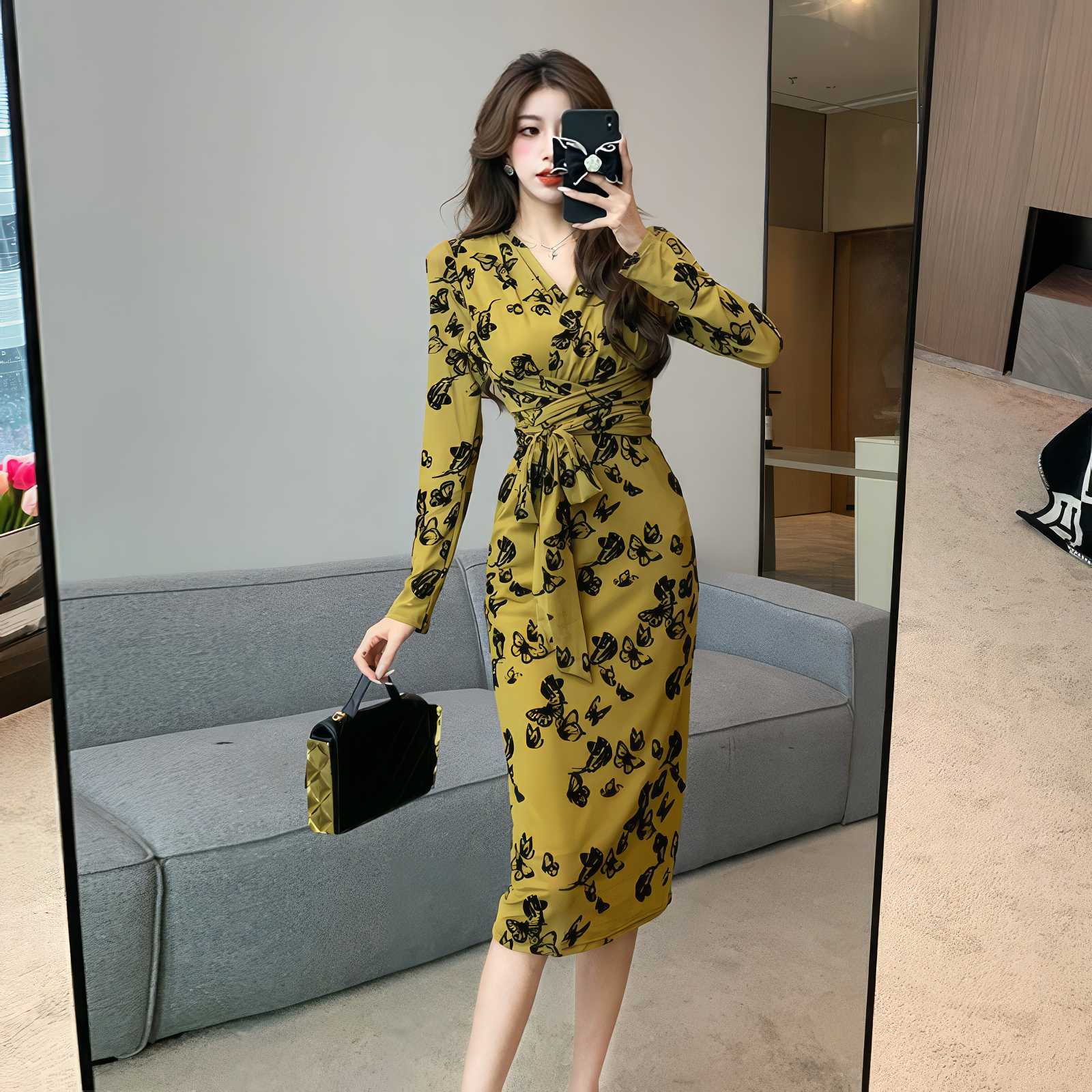 Long Sleeve Floral Printed Wrap Dress