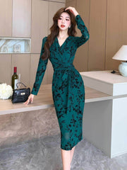 Long Sleeve Floral Printed Wrap Dress S / Green