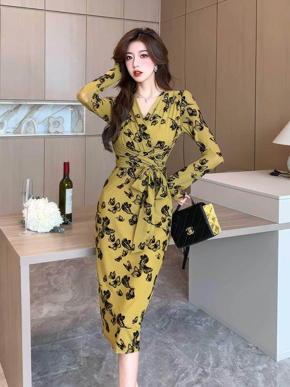 Long Sleeve Floral Printed Wrap Dress S / Yellow