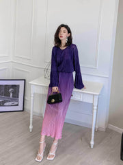 Long Sleeve Ombre Pleated Mermaid Dress S / Purple