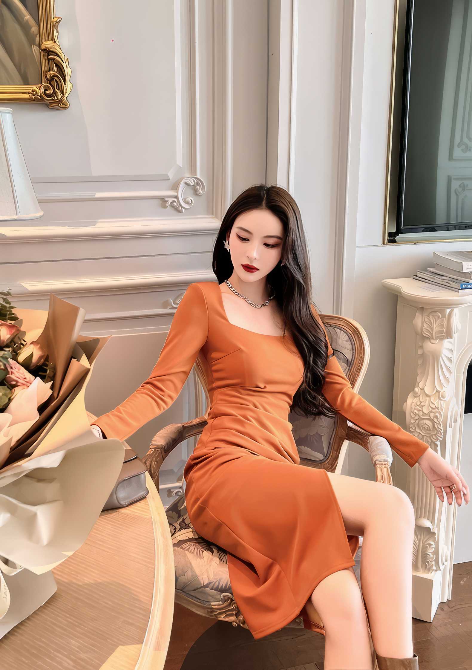 Long Sleeve Square Neck Side Slit Pleated Dress