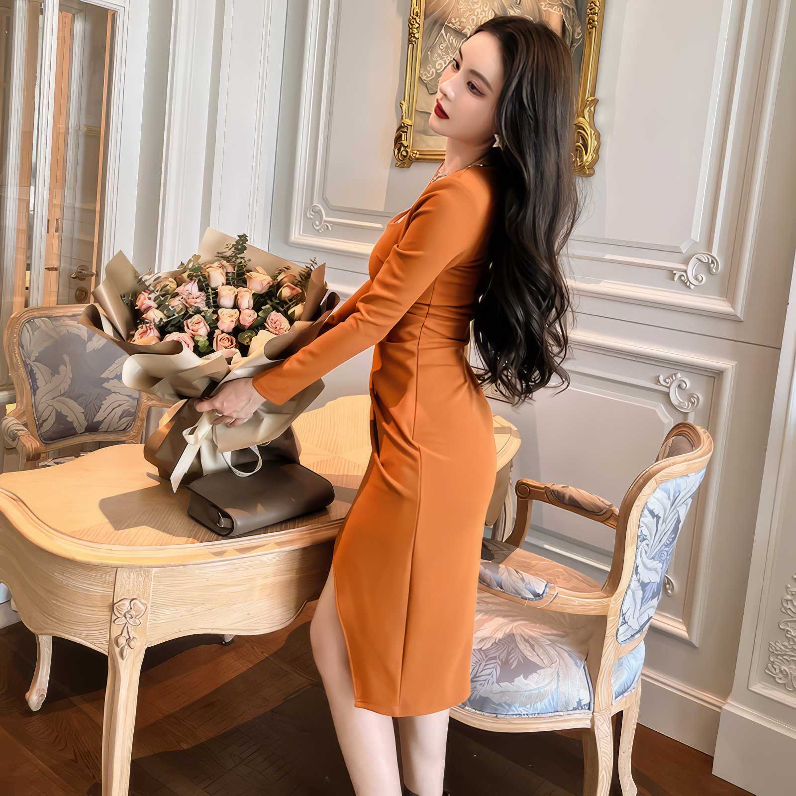 Long Sleeve Square Neck Side Slit Pleated Dress