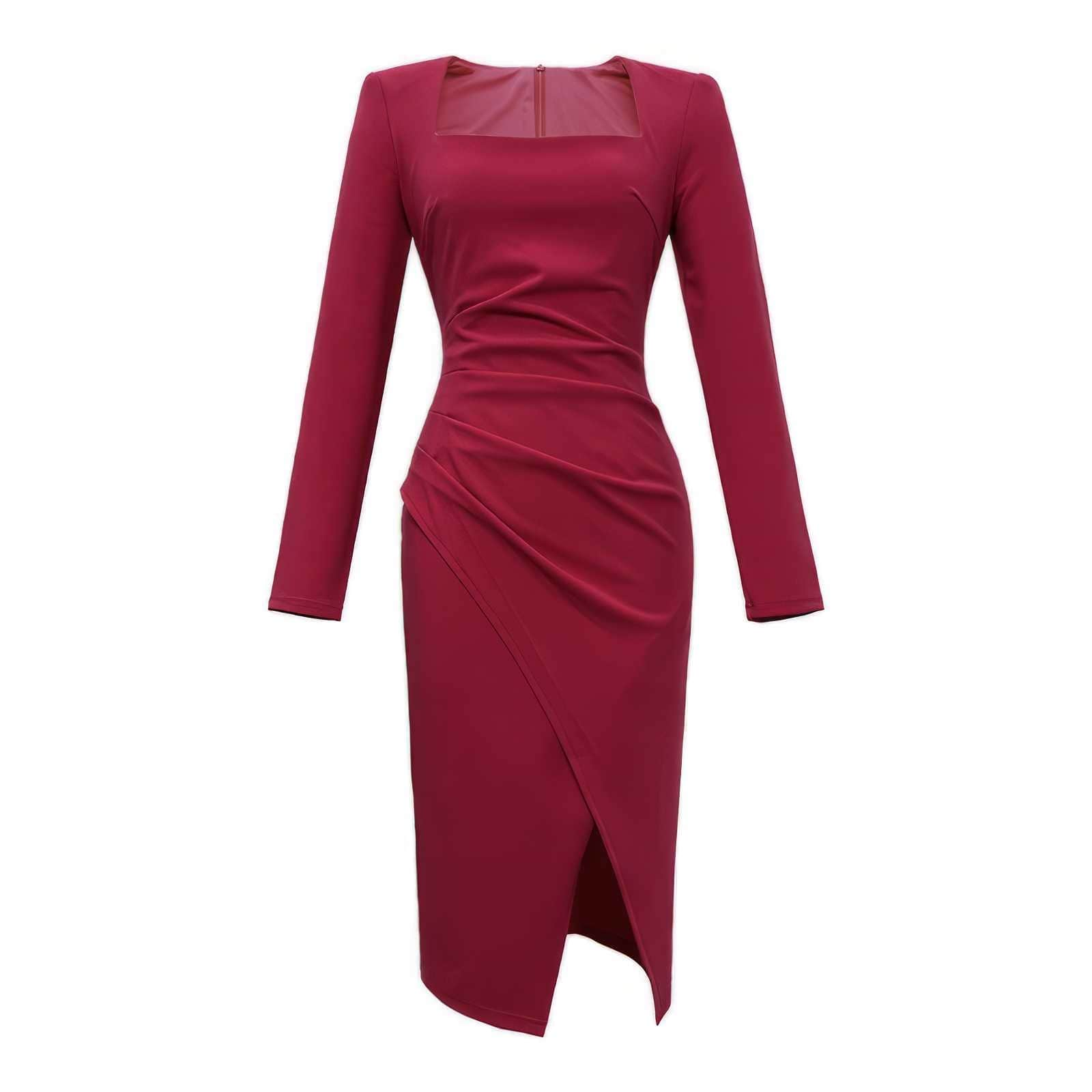 Long Sleeve Square Neck Side Slit Pleated Dress