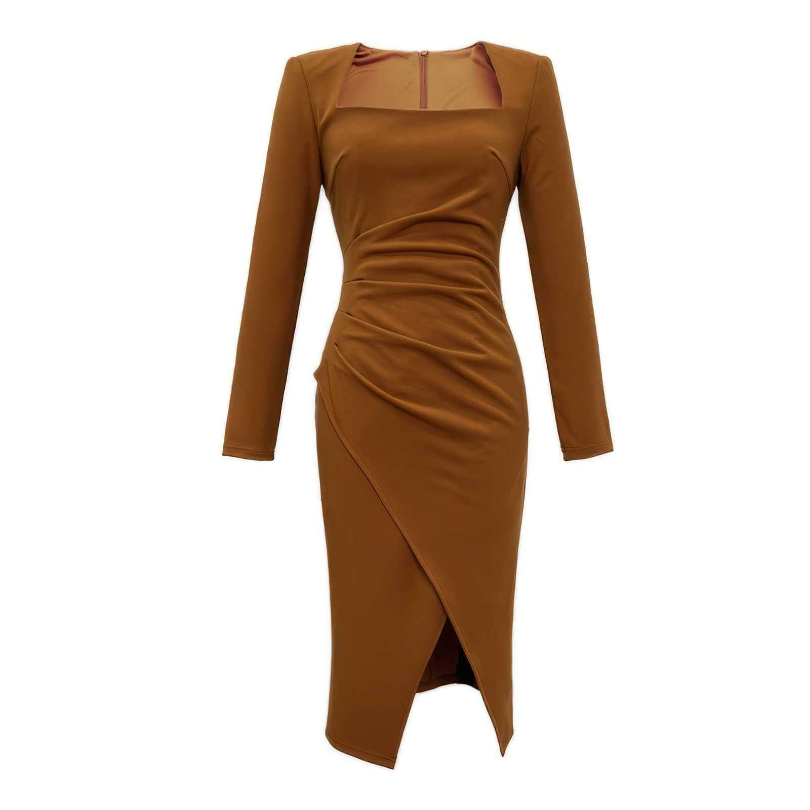 Long Sleeve Square Neck Side Slit Pleated Dress