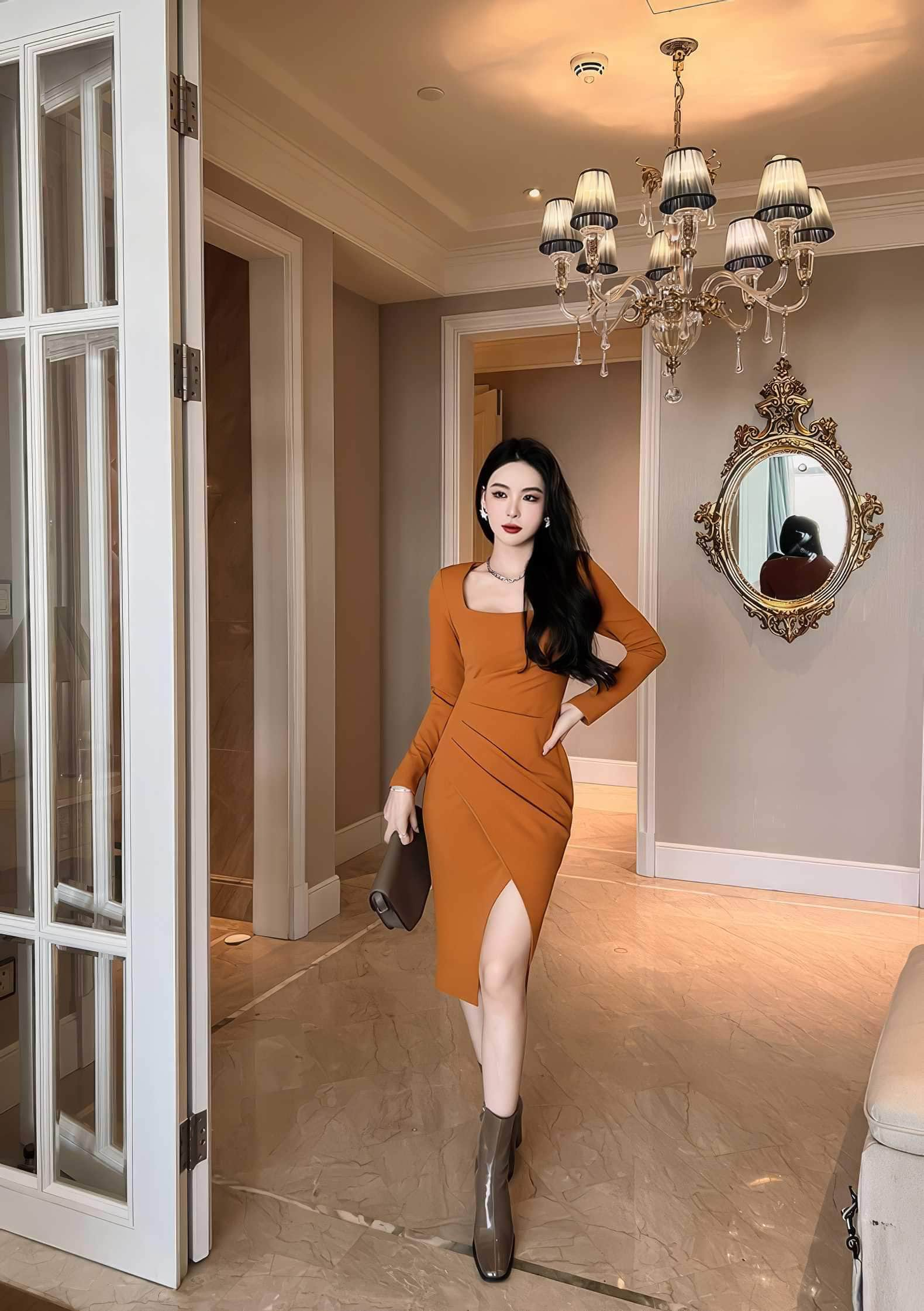 Long Sleeve Square Neck Side Slit Pleated Dress