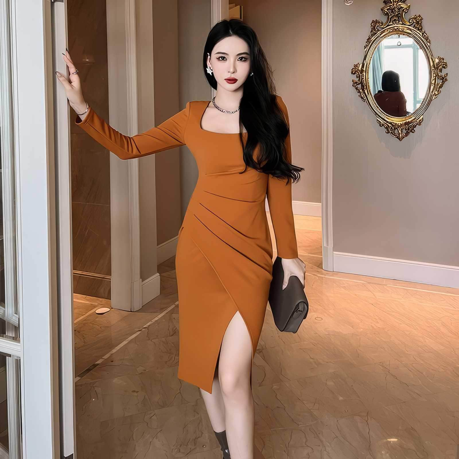 Long Sleeve Square Neck Side Slit Pleated Dress