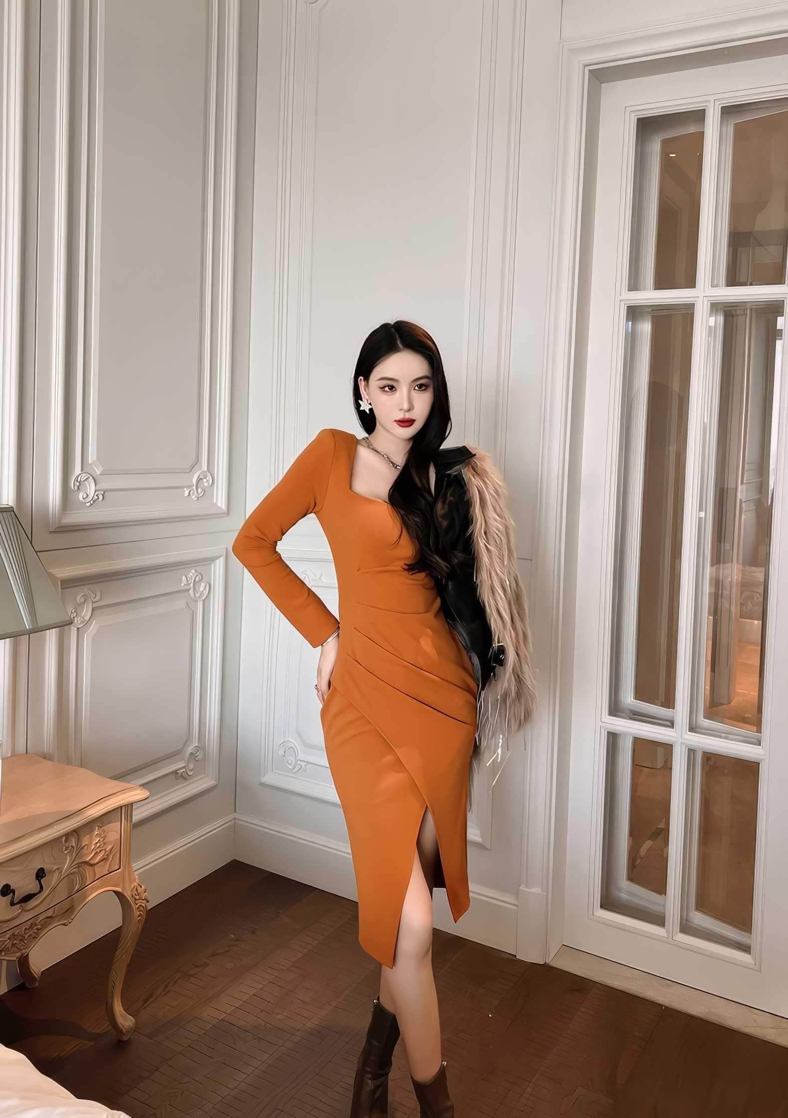 Long Sleeve Square Neck Side Slit Pleated Dress