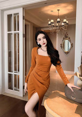 Long Sleeve Square Neck Side Slit Pleated Dress