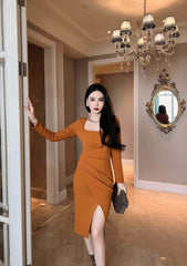 Long Sleeve Square Neck Side Slit Pleated Dress S / Chocolate