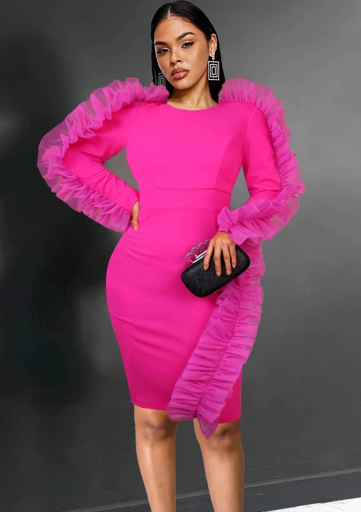 Long Sleeve Tulle Ruffle Mini Bodycon Dress