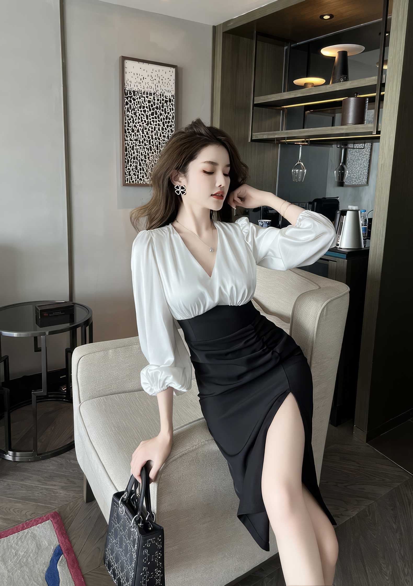 Long Sleeve V-Neck Two-Toned Pleated Dress