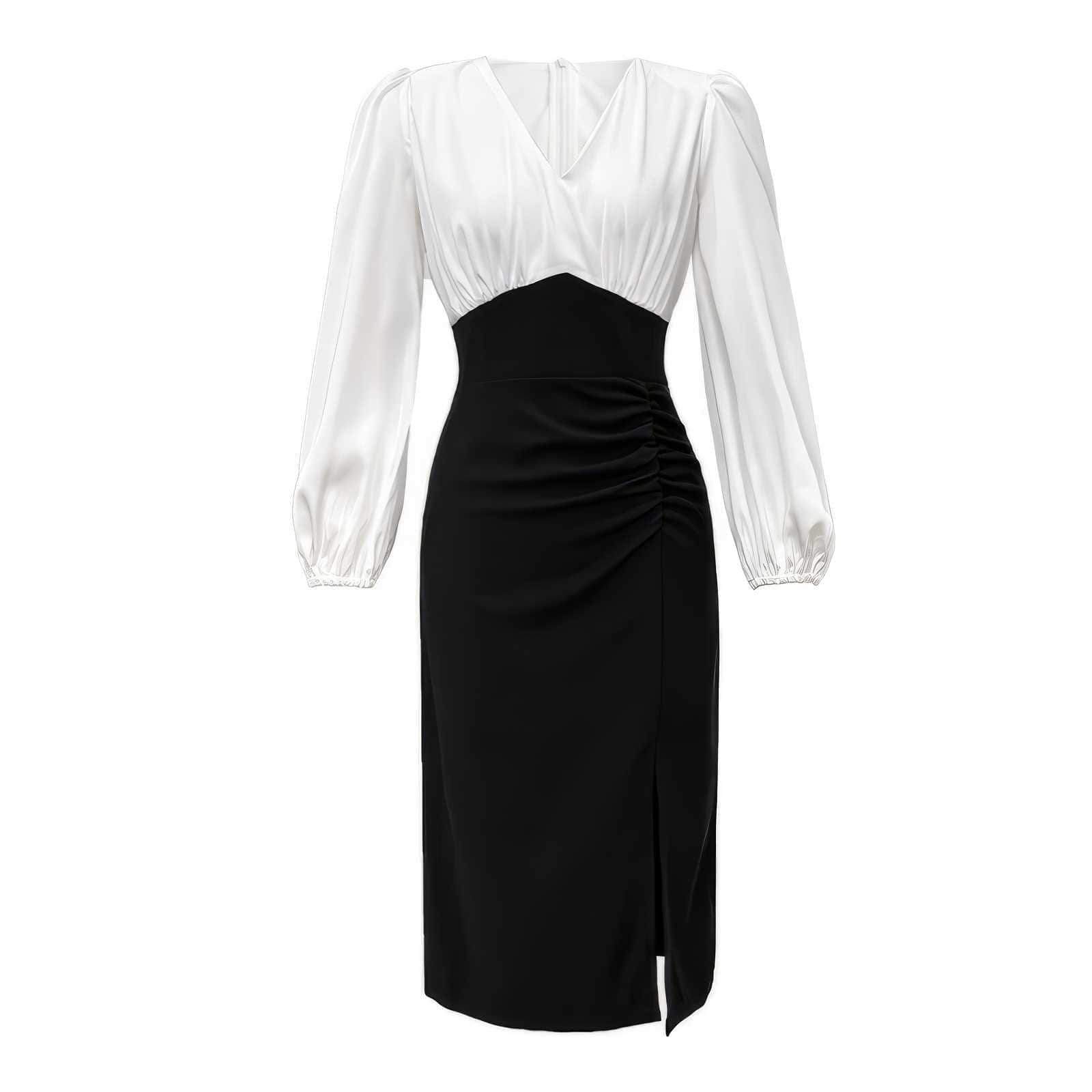 Long Sleeve V-Neck Two-Toned Pleated Dress