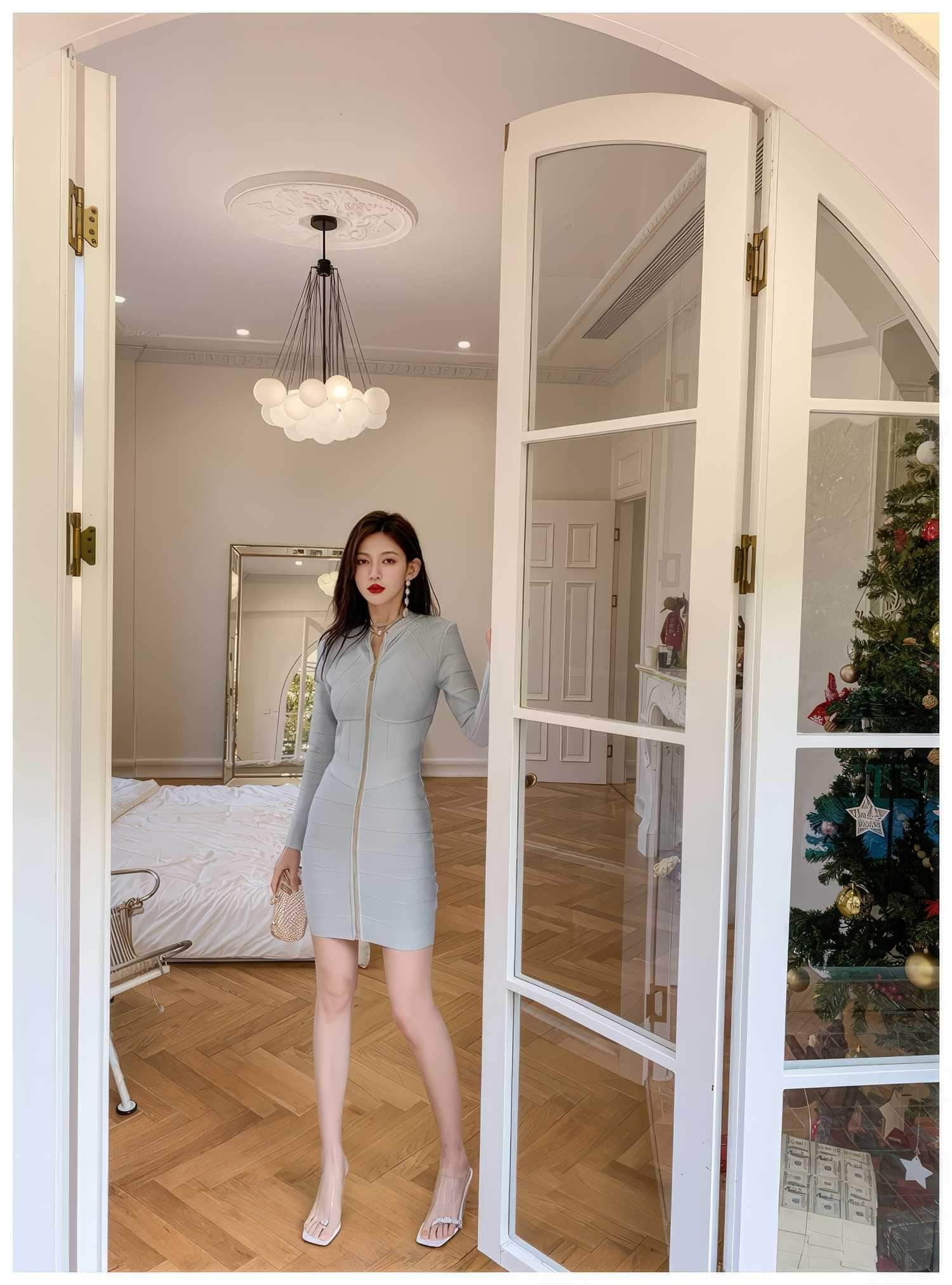 Long Sleeve Zipper Bandage Mini Dress