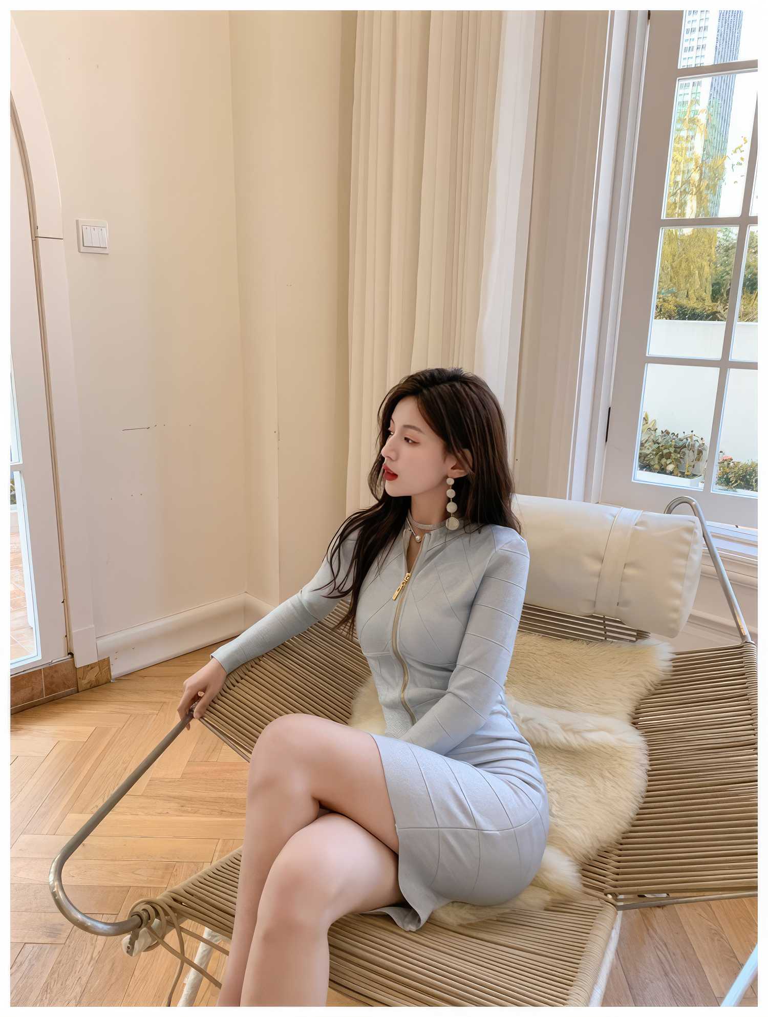 Long Sleeve Zipper Bandage Mini Dress