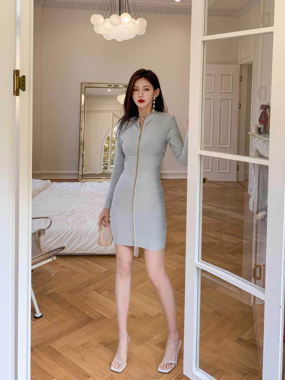 Long Sleeve Zipper Bandage Mini Dress XS / LightSkyBlue