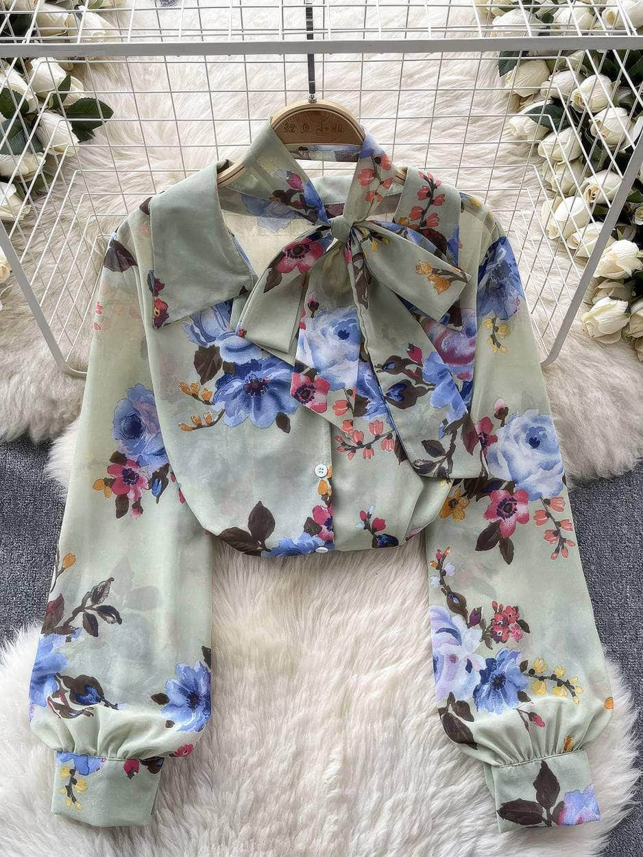 Long Sleeves Bow Sash Neck Floral Print Shirt