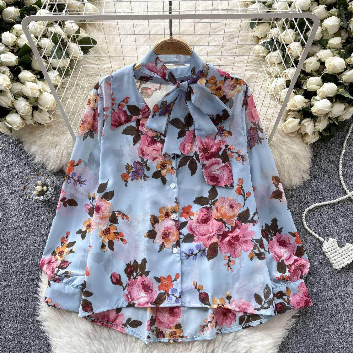 Long Sleeves Bow Sash Neck Floral Print Shirt