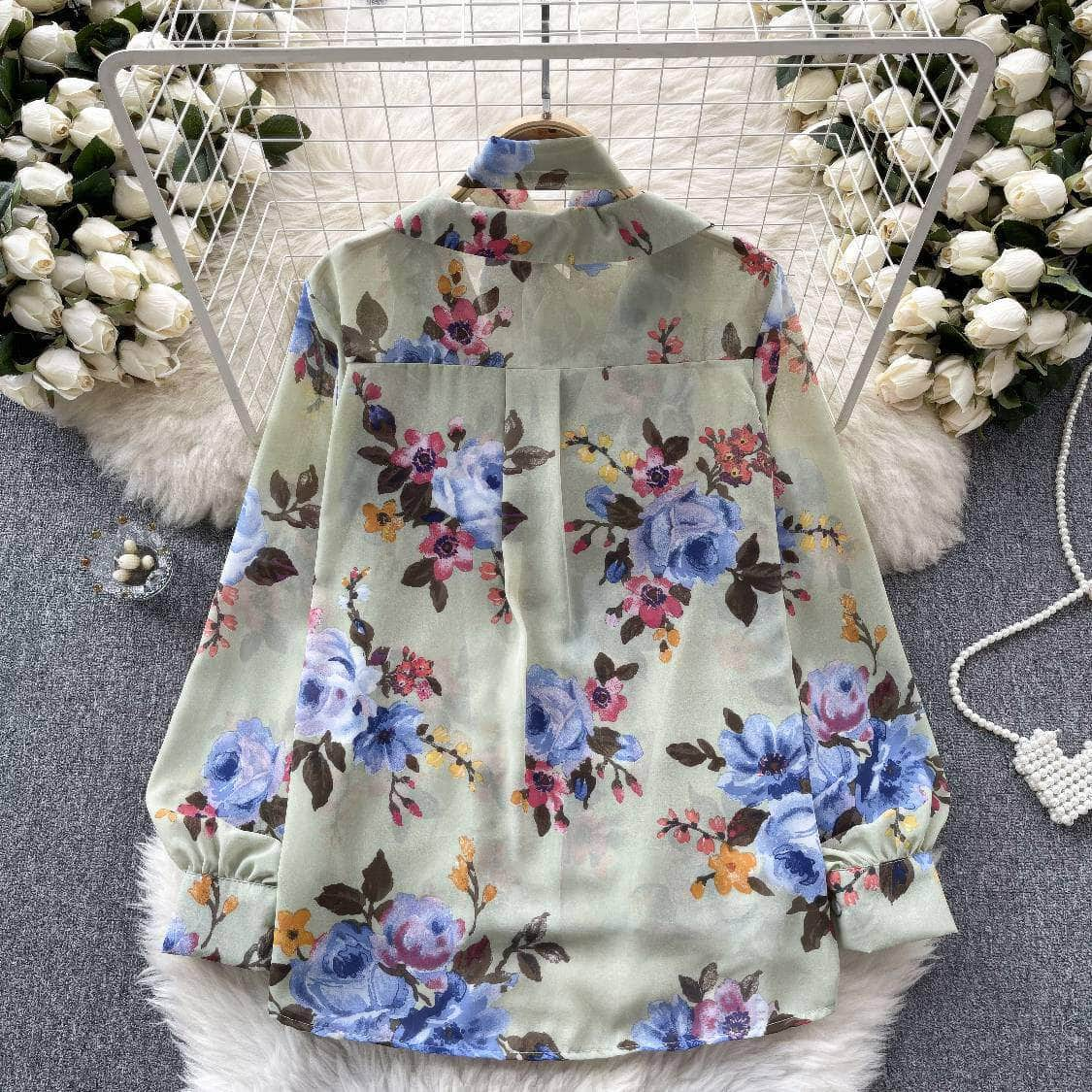 Long Sleeves Bow Sash Neck Floral Print Shirt