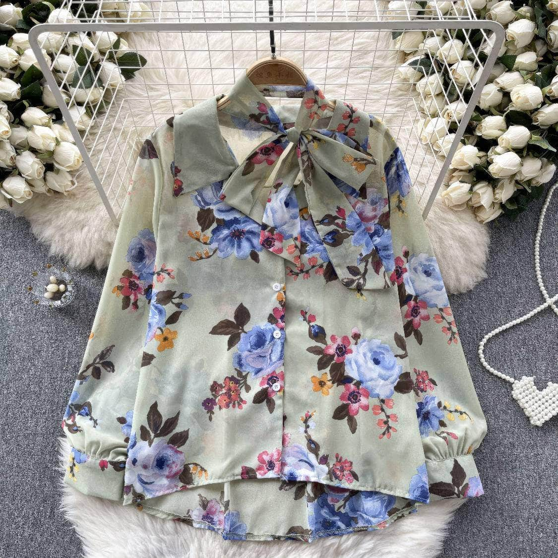 Long Sleeves Bow Sash Neck Floral Print Shirt