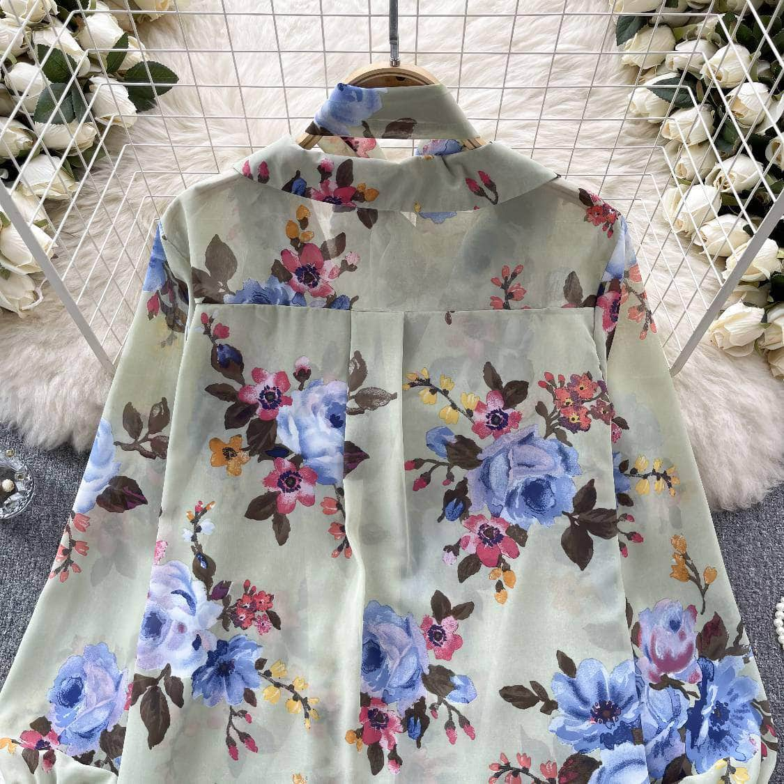 Long Sleeves Bow Sash Neck Floral Print Shirt