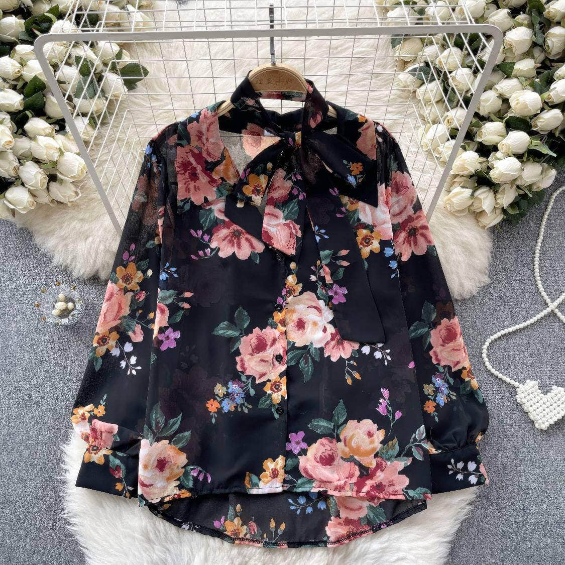 Long Sleeves Bow Sash Neck Floral Print Shirt