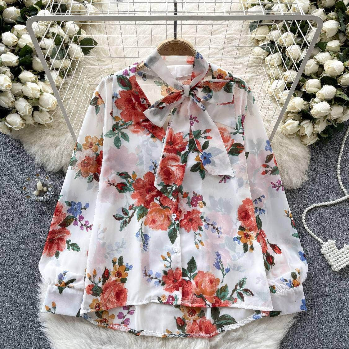 Long Sleeves Bow Sash Neck Floral Print Shirt