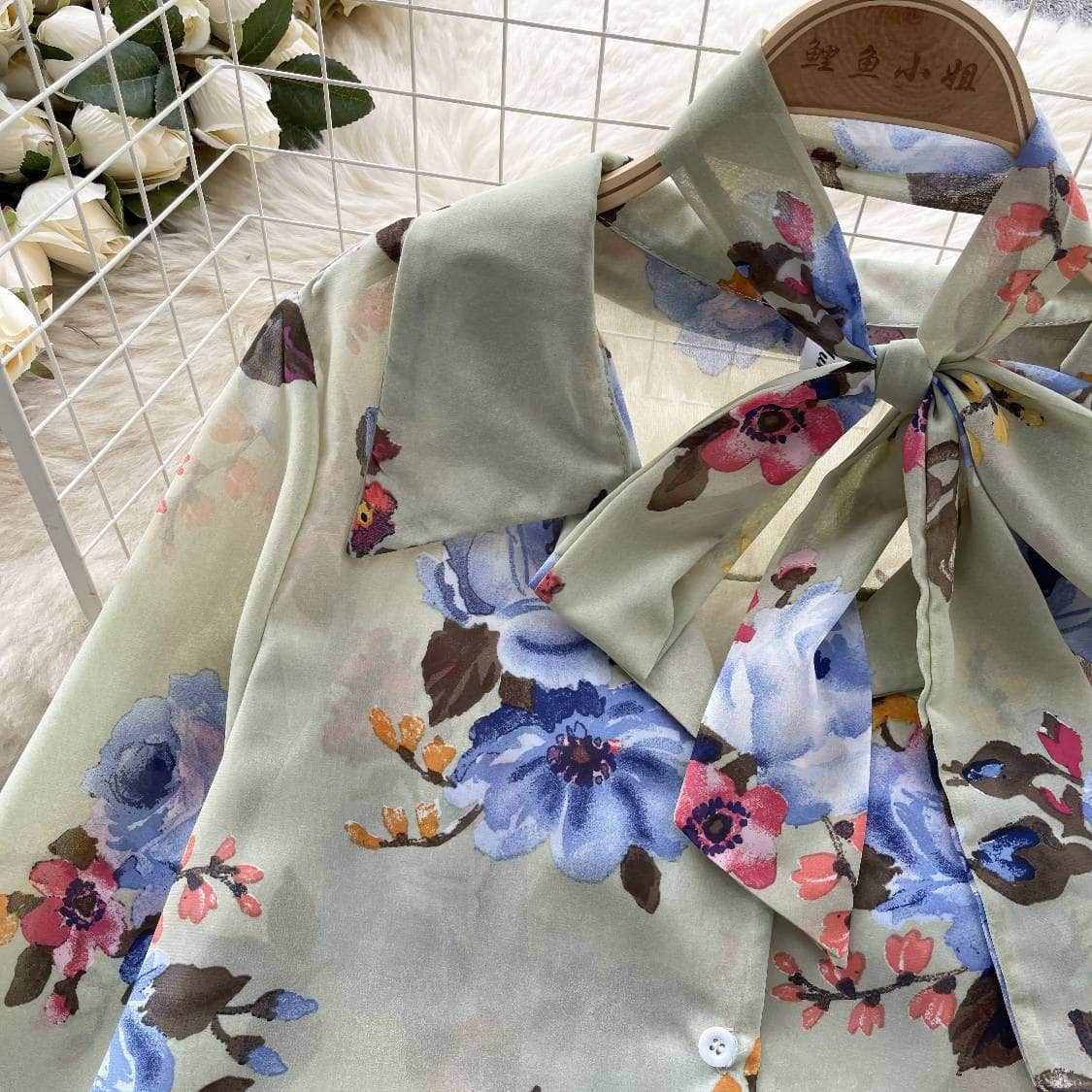 Long Sleeves Bow Sash Neck Floral Print Shirt