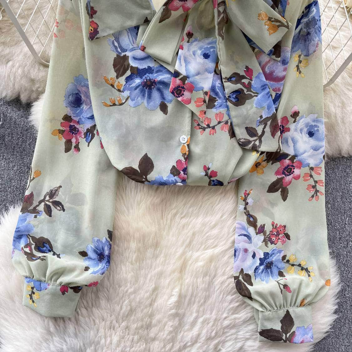 Long Sleeves Bow Sash Neck Floral Print Shirt