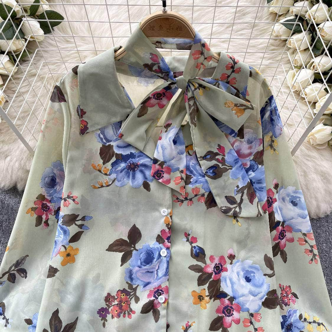 Long Sleeves Bow Sash Neck Floral Print Shirt