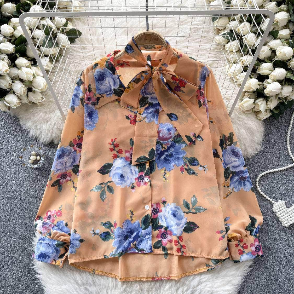 Long Sleeves Bow Sash Neck Floral Print Shirt