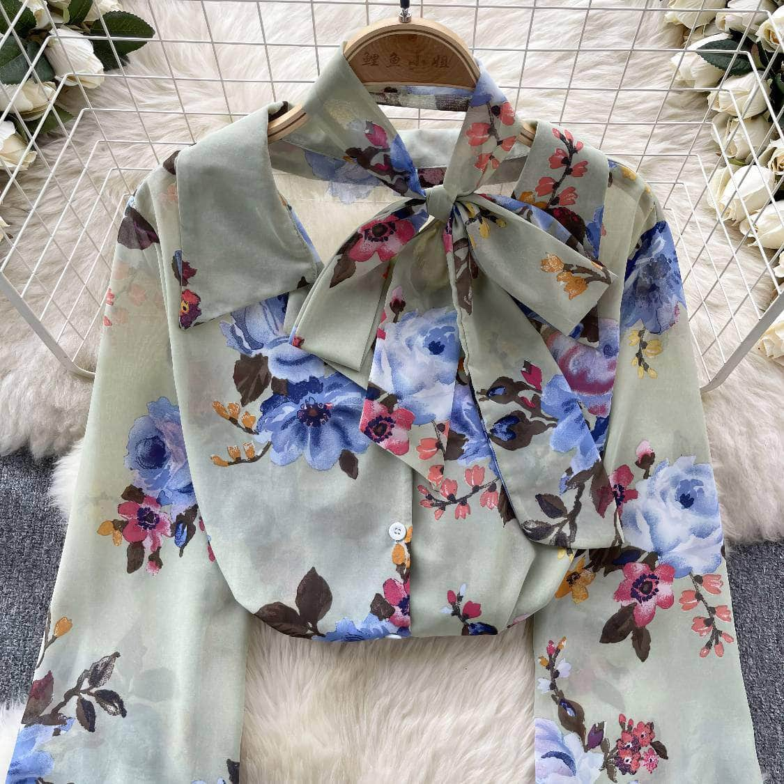 Long Sleeves Bow Sash Neck Floral Print Shirt