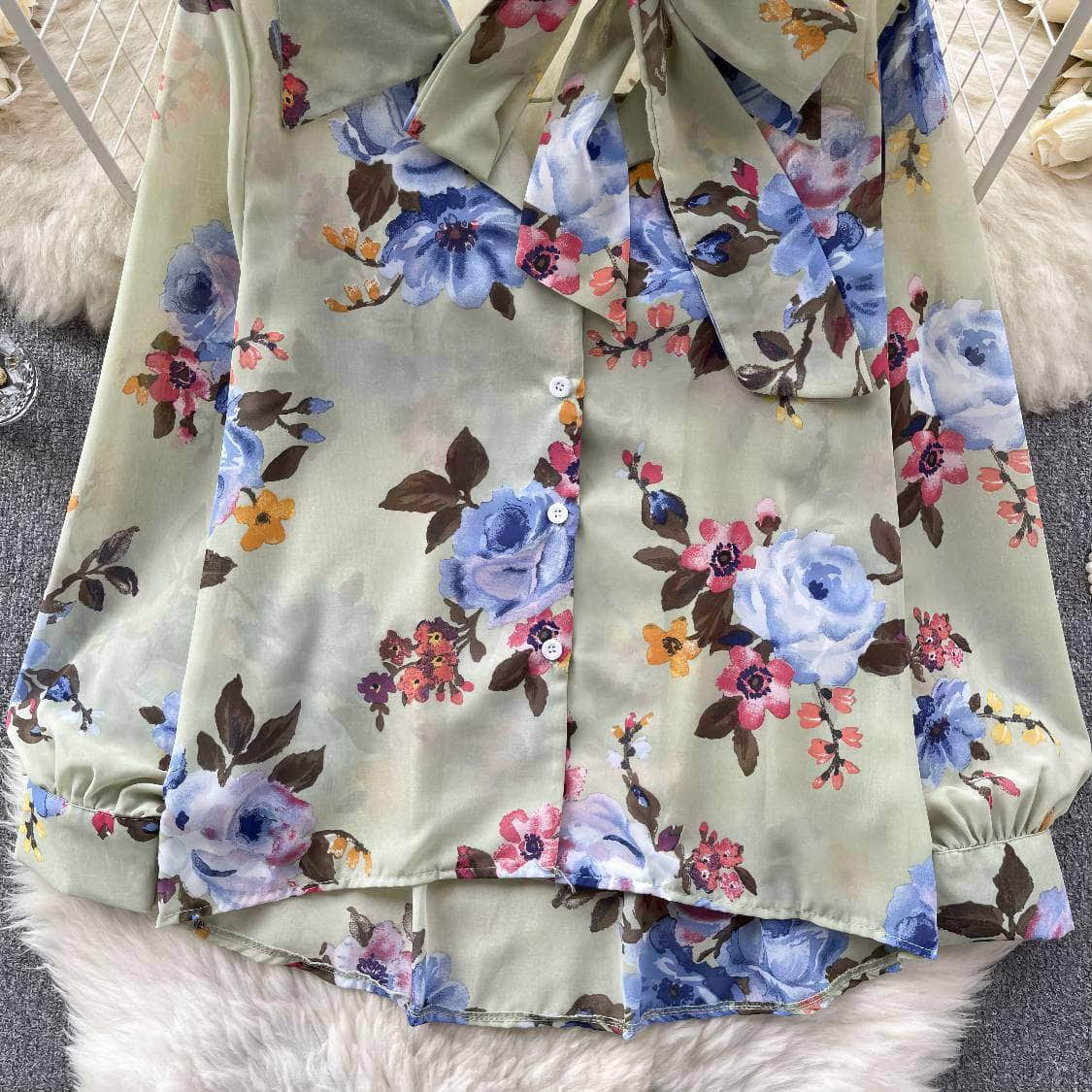 Long Sleeves Bow Sash Neck Floral Print Shirt