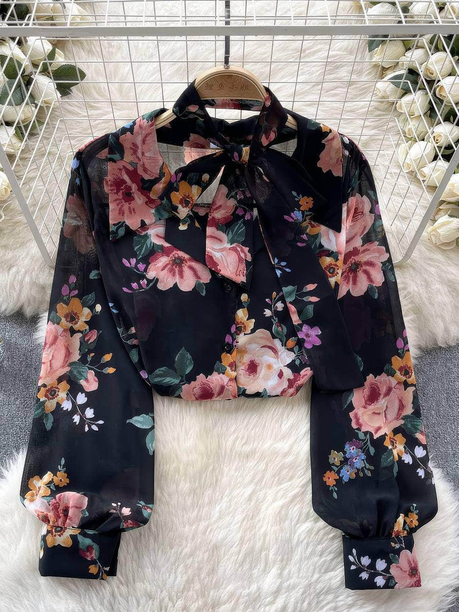 Long Sleeves Bow Sash Neck Floral Print Shirt Max Size / Black