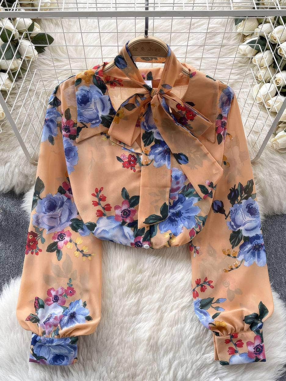 Long Sleeves Bow Sash Neck Floral Print Shirt Max Size / SandyBrown