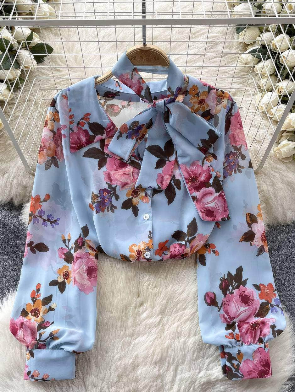 Long Sleeves Bow Sash Neck Floral Print Shirt Max Size / SkyBlue