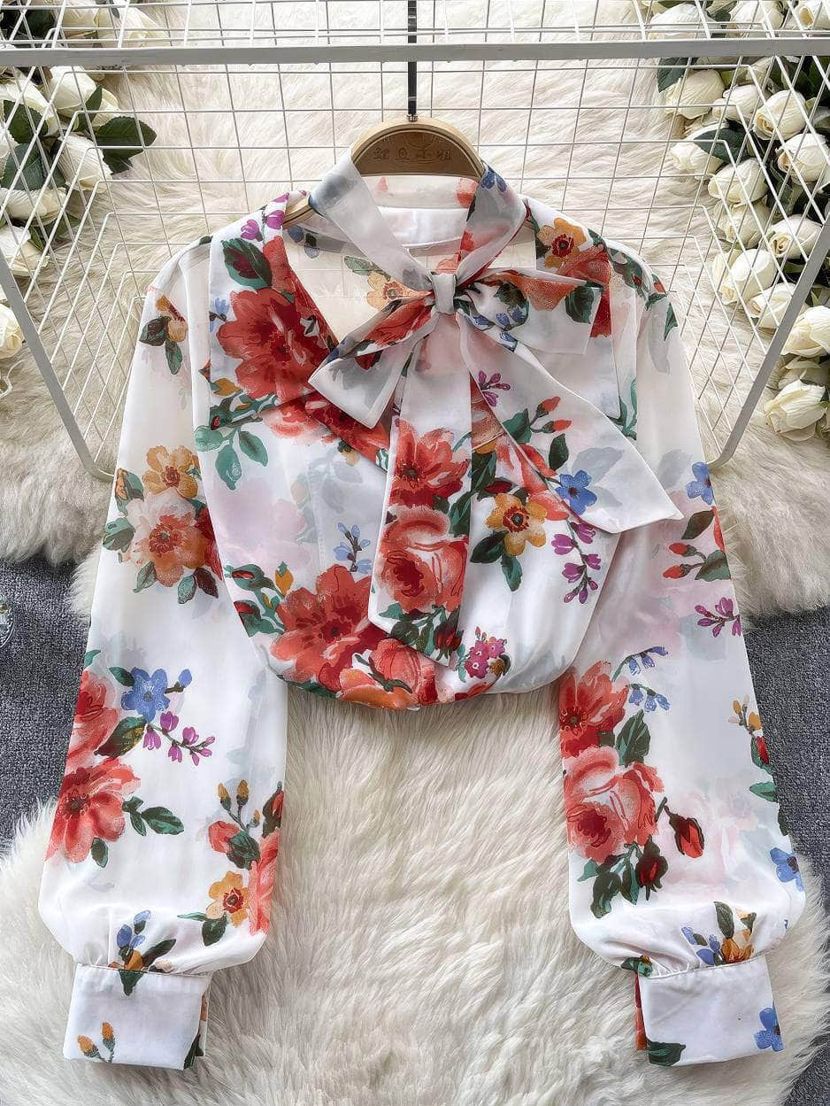 Long Sleeves Bow Sash Neck Floral Print Shirt Max Size / White