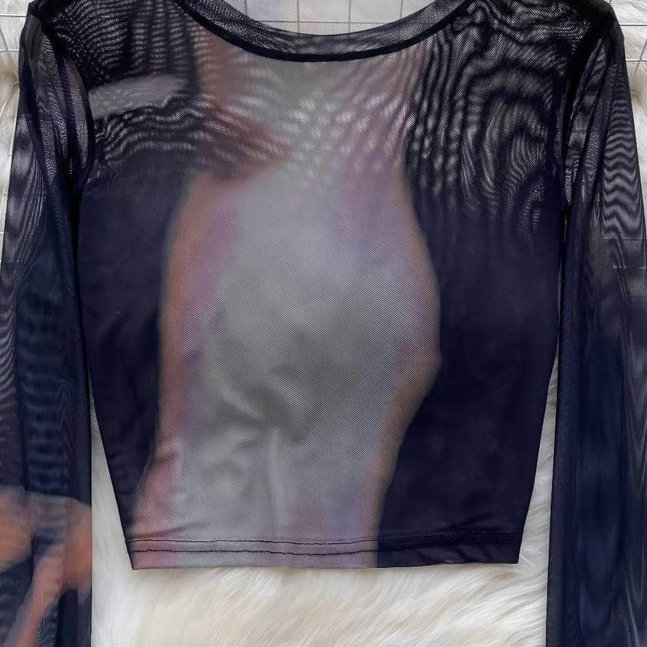 Long Sleeves Graphic Print Mesh Top