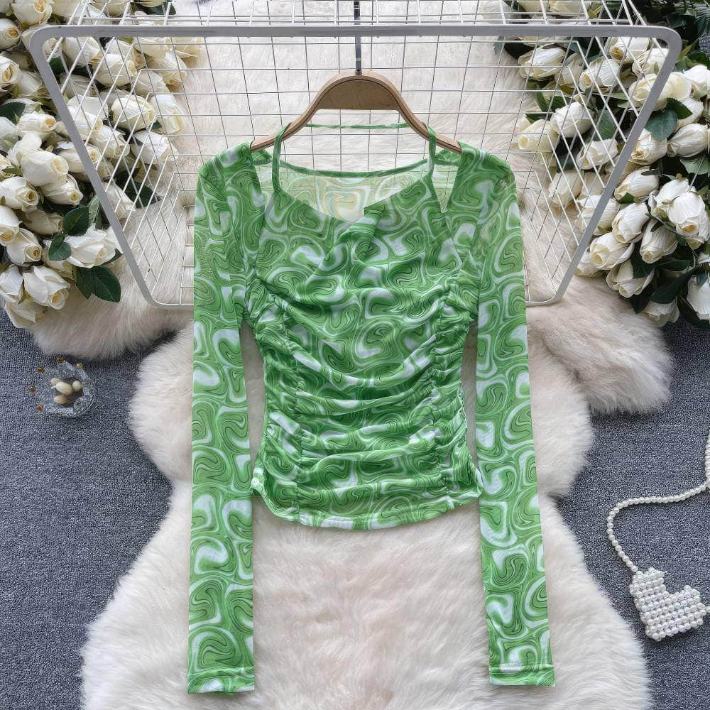 Long Sleeves Halter Neck Ruched Pleated Blouse MAX SIZE / Green