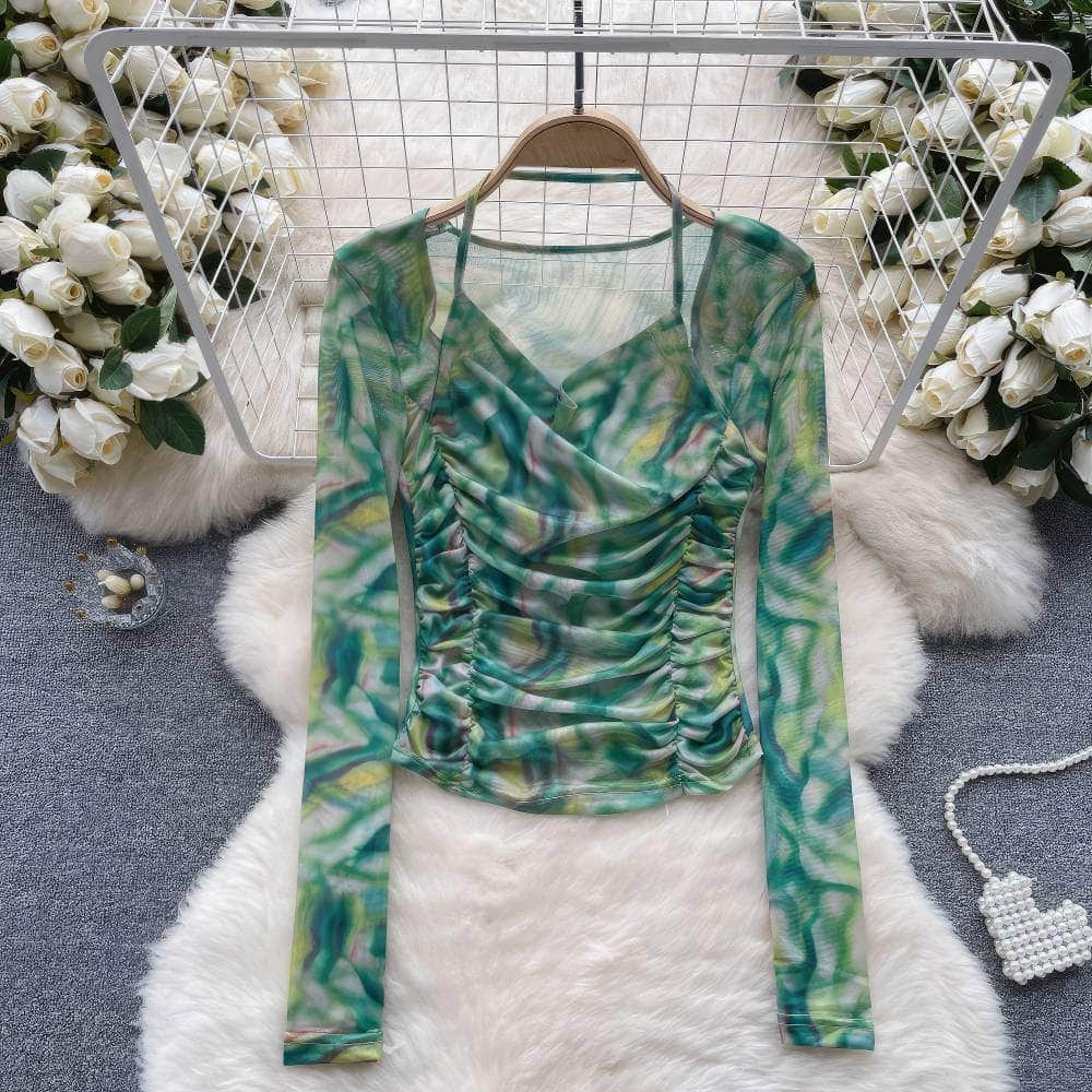 Long Sleeves Halter Neck Ruched Pleated Blouse MAX SIZE / LimeGreen