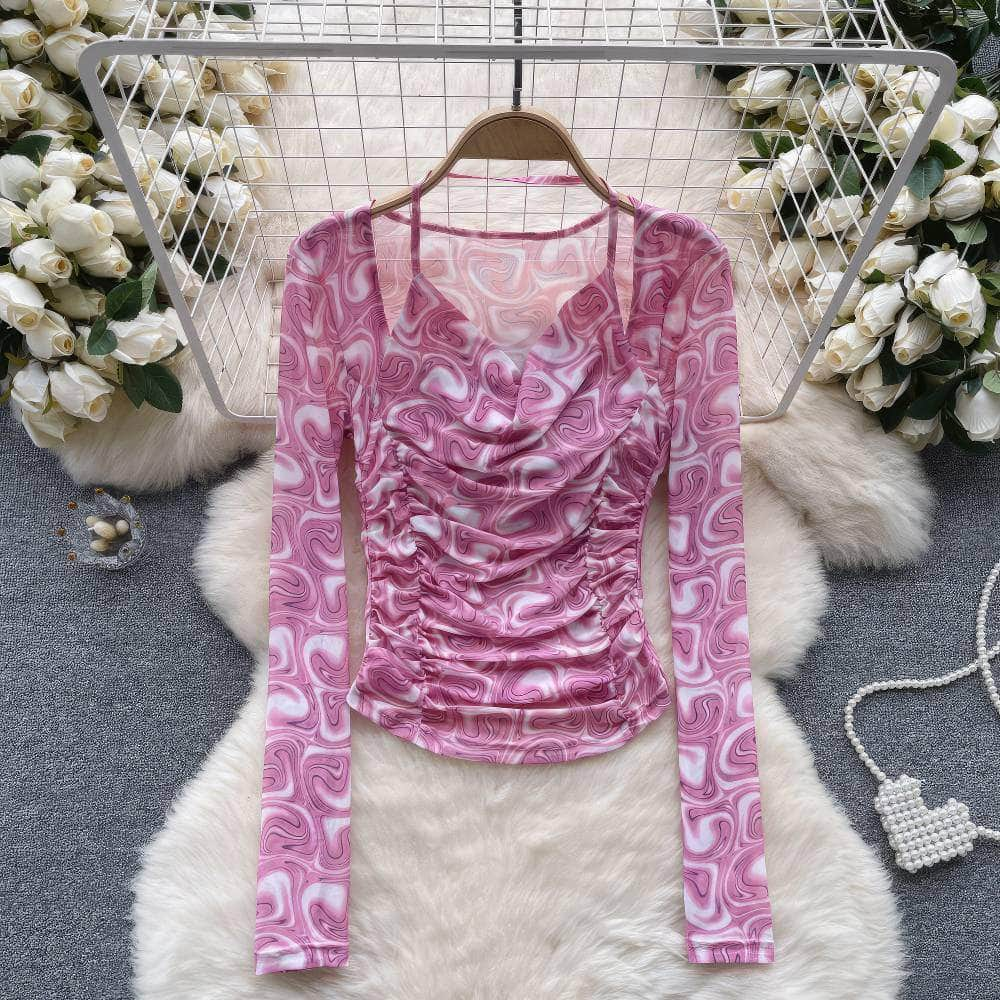 Long Sleeves Halter Neck Ruched Pleated Blouse MAX SIZE / Pink