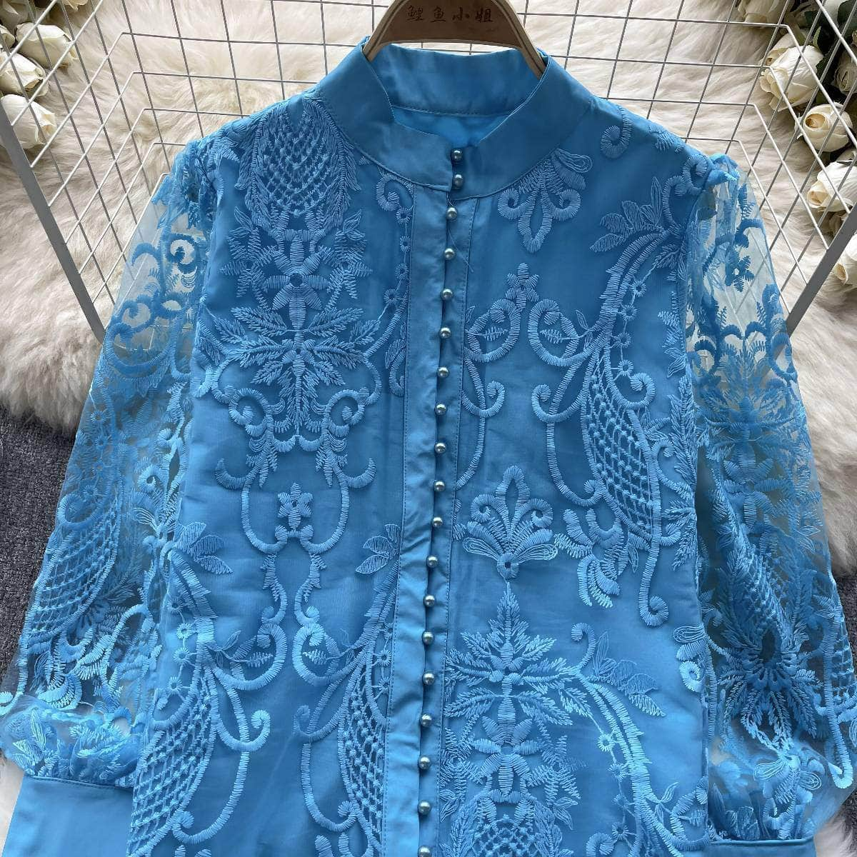 Long Sleeves Lace Embroidered Buttoned Down Shirt