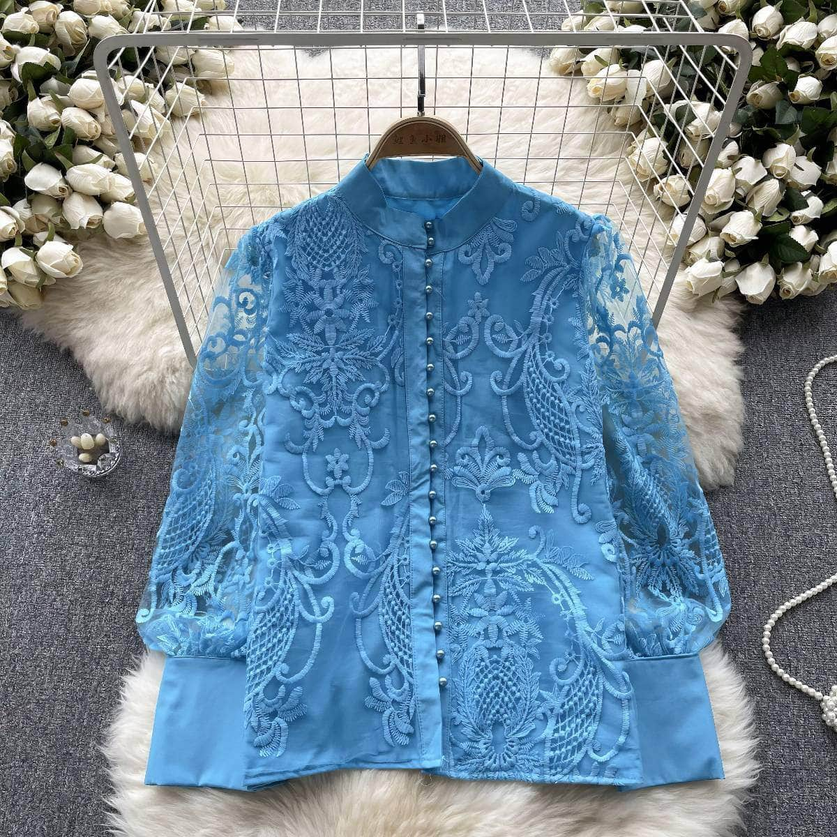 Long Sleeves Lace Embroidered Buttoned Down Shirt