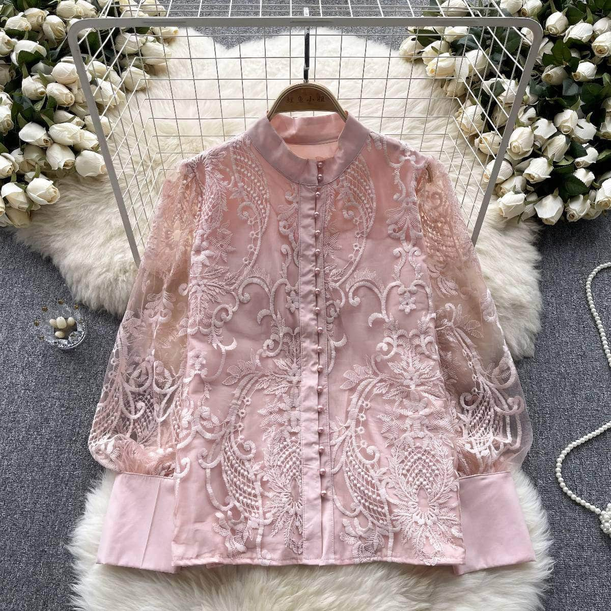 Long Sleeves Lace Embroidered Buttoned Down Shirt