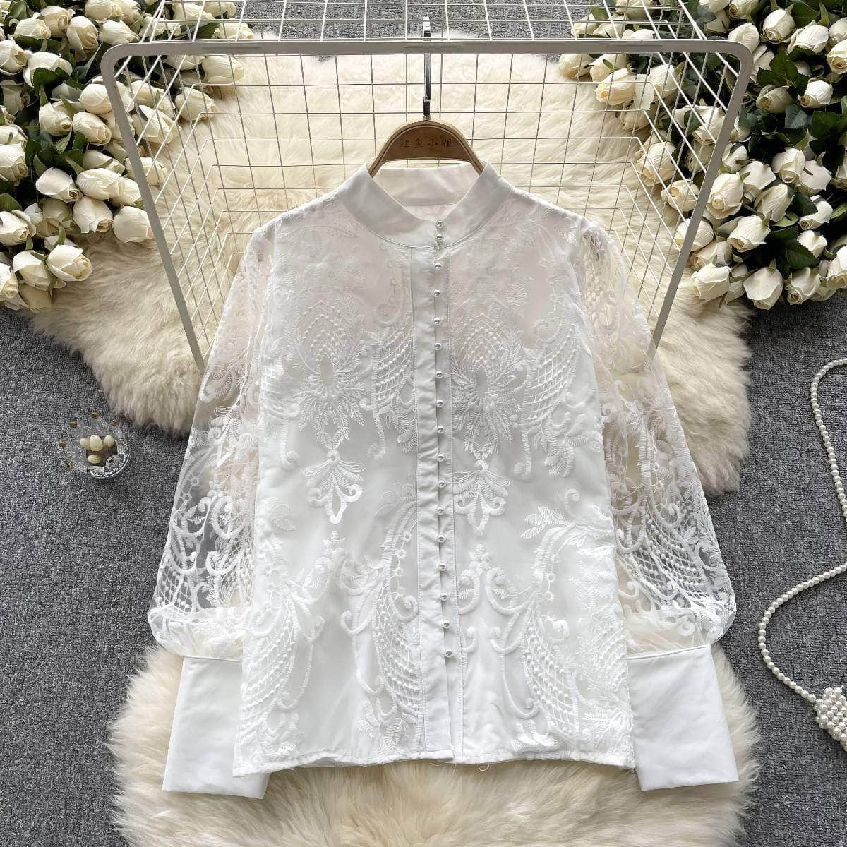 Long Sleeves Lace Embroidered Buttoned Down Shirt